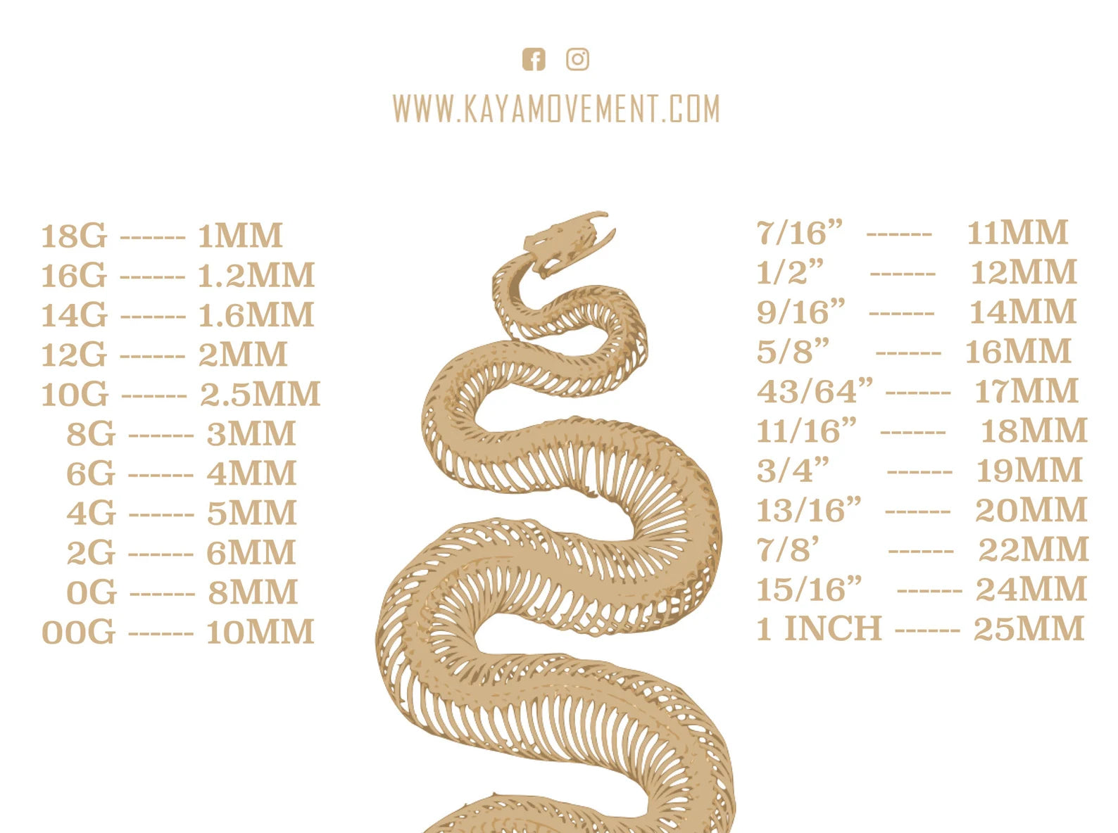 A chart compares gauge sizes (18G to 00G) with their measurements in millimeters and inches. Centered is an artistic depiction of a coiled snake, adding flair that evokes the style of Kaya Movement's TRAKARA Heavy Tribal Cyborg Clicker Ear Weights in Gold | 2 gauge, suggesting post-apocalyptic body jewelry. At the top is the website "KAYAMOVEMENT.COM" and social media icons.